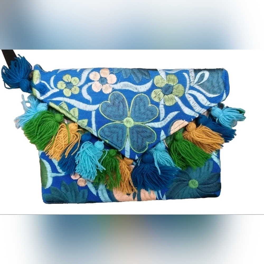 Embroidered Crossbody Clutch With Tassels Floral  Multicolor Handbag
